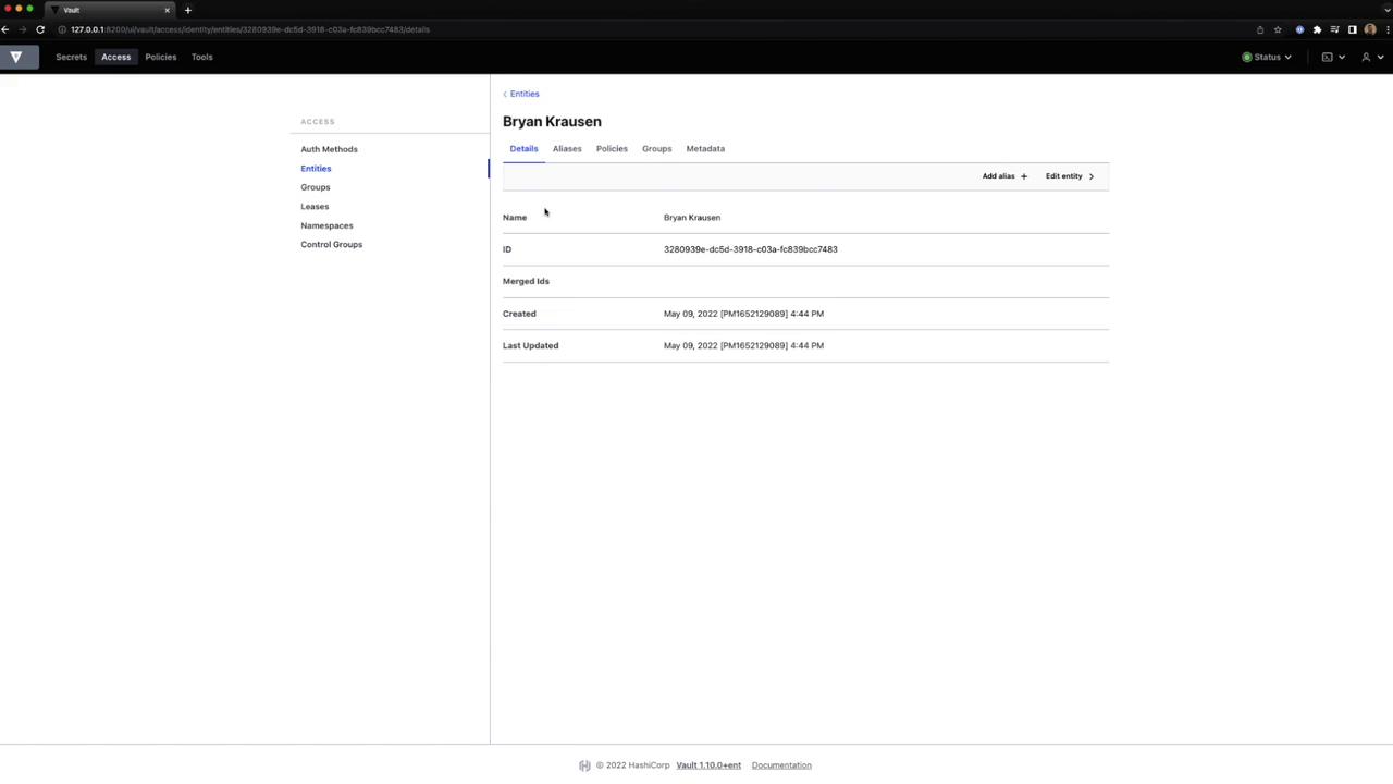The image shows a user interface for managing entities in a system, displaying details such as name, ID, and timestamps for creation and last update. It appears to be part of a software application related to access management.