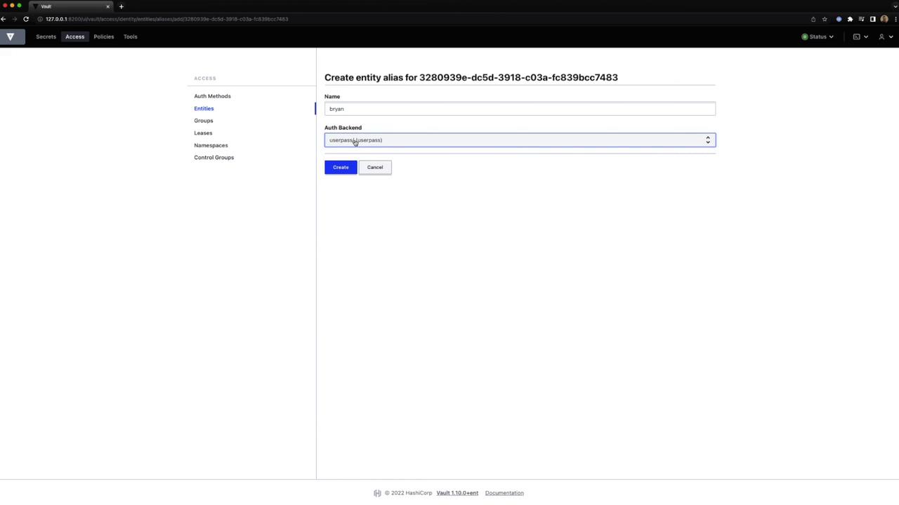 The image shows a web interface for creating an entity alias in HashiCorp Vault, with fields for "Name" and "Auth Backend" and options to create or cancel.
