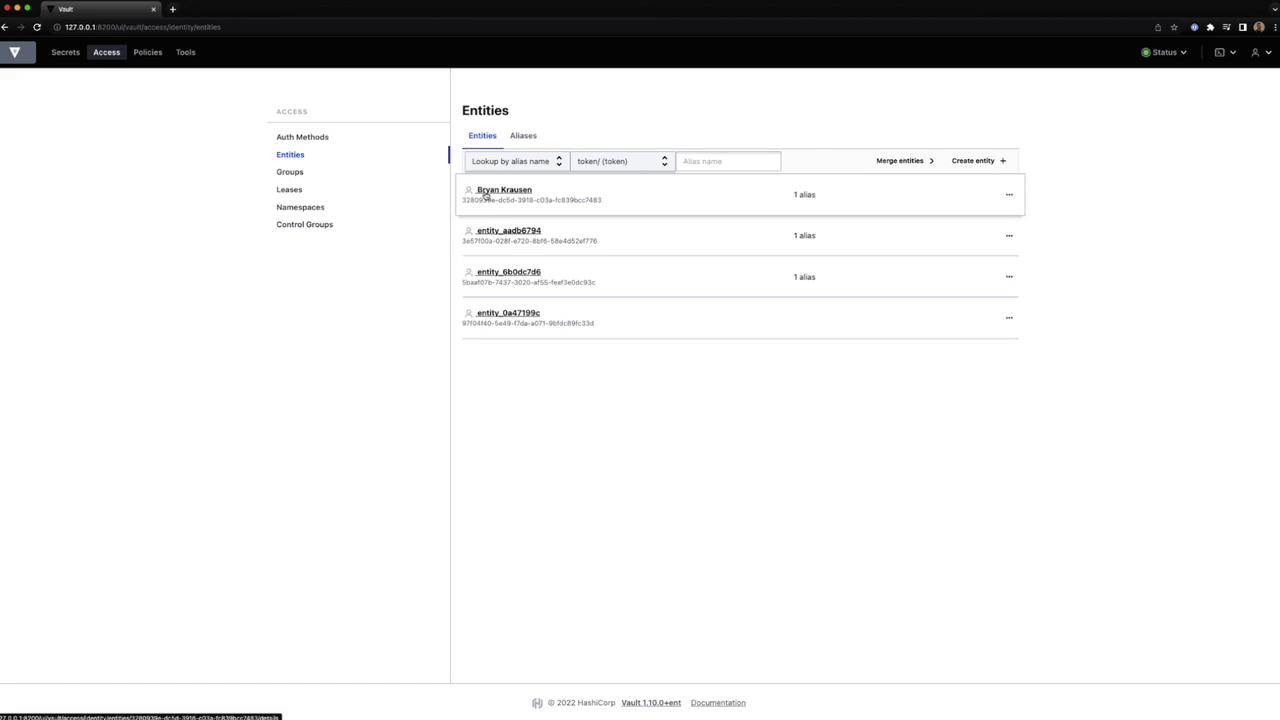 The image shows a web interface for managing entities in HashiCorp Vault, displaying a list of entities with their aliases and options to merge or create new entities.