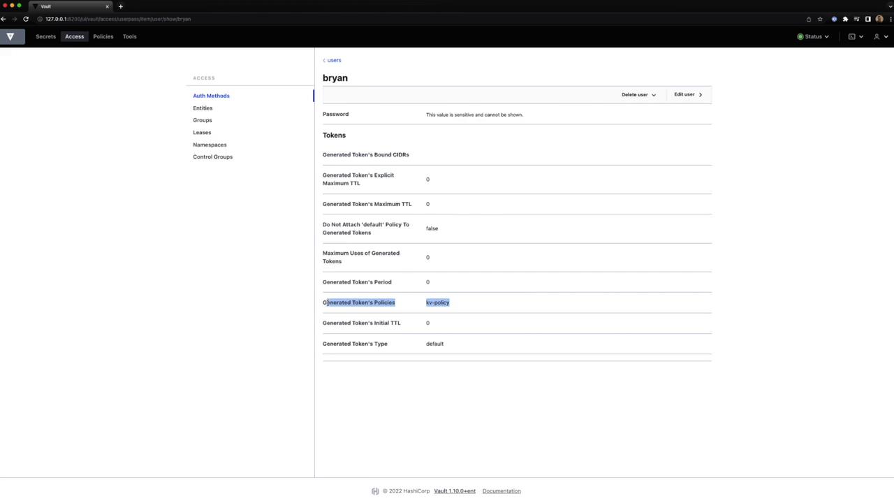 The image shows a user interface for managing access in HashiCorp Vault, displaying token settings and policies for a user named "bryan." The sidebar includes options like Auth Methods, Entities, and Groups.