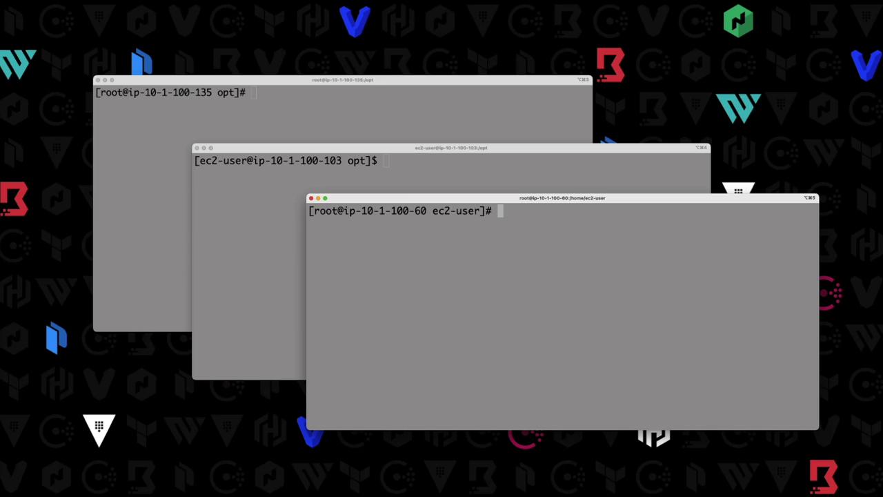 Three overlapping terminal windows with command prompts against a backdrop of tech logos