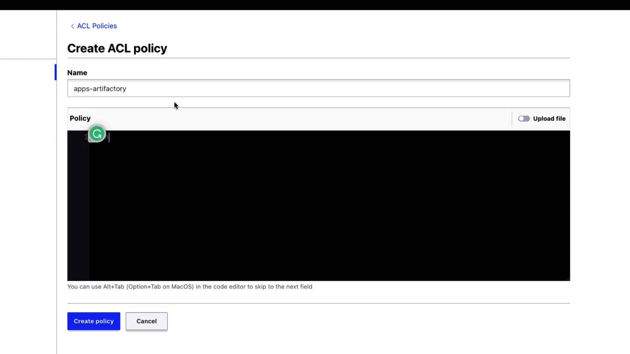 The image shows a user interface for creating an ACL policy, with fields for entering a name and policy details, and options to create or cancel the policy."