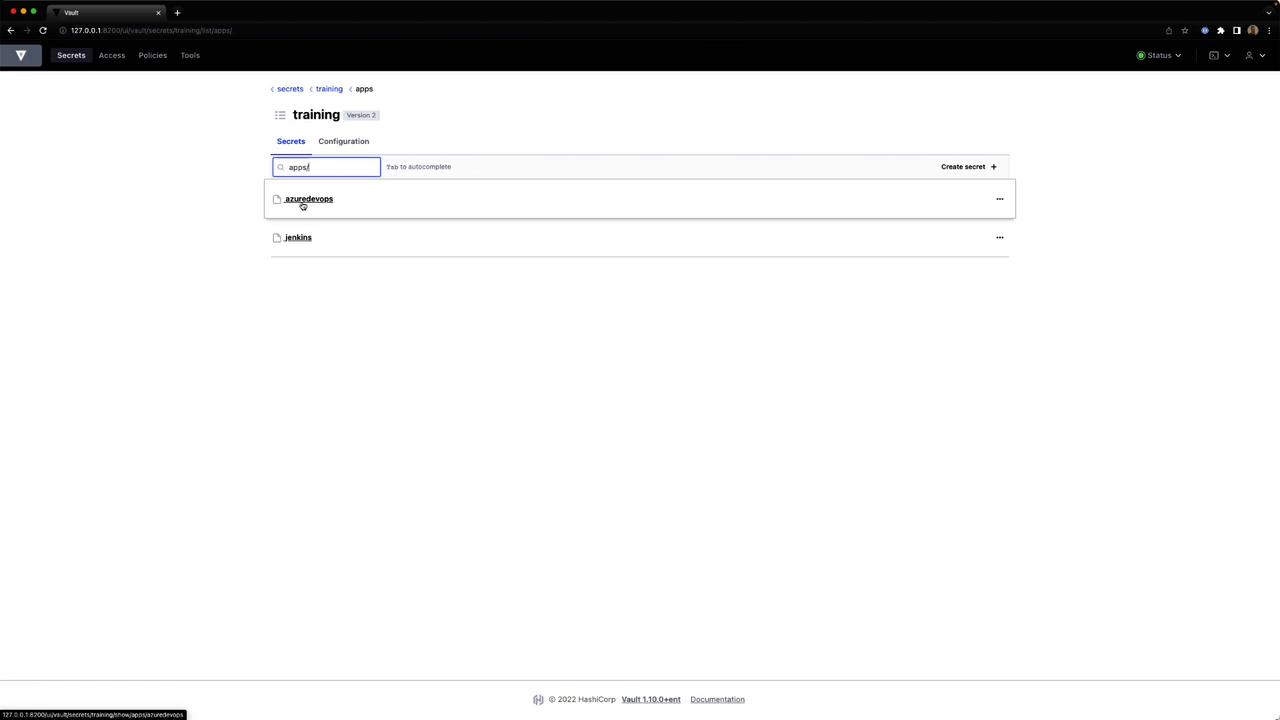 The image shows a web interface for managing secrets in HashiCorp Vault, with options for "azuredevops" and "jenkins" under the "training" section. The interface includes a search bar and a "Create secret" button."