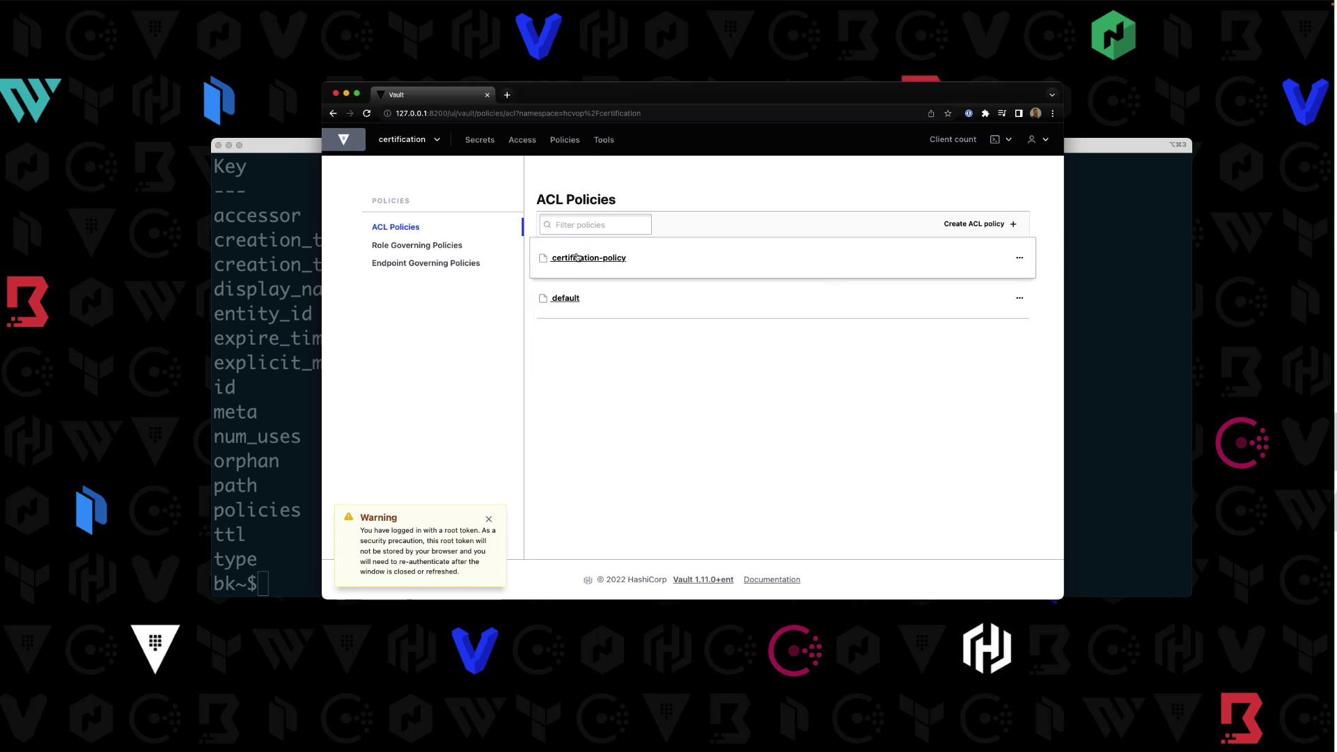The image shows a web interface for managing ACL policies in HashiCorp Vault, with a warning about using a root token. The background features various tech-related logos.