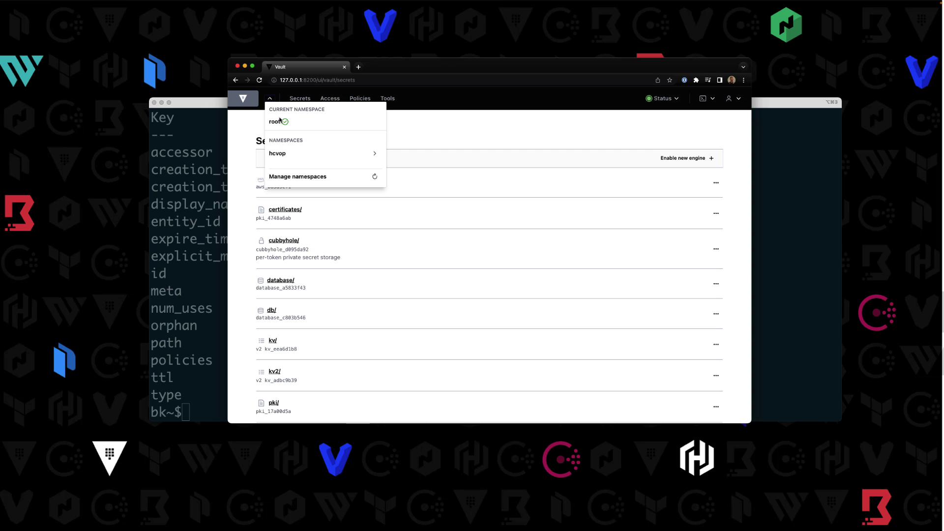 The image shows a web interface of HashiCorp Vault displaying a list of secret engines and namespaces. The background features various tech-related logos.