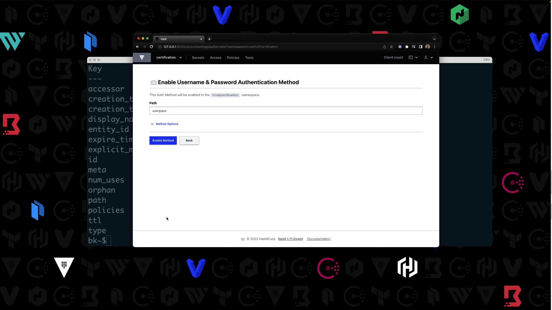 The image shows a web interface for enabling a username and password authentication method in HashiCorp Vault, with a terminal window partially visible in the background.