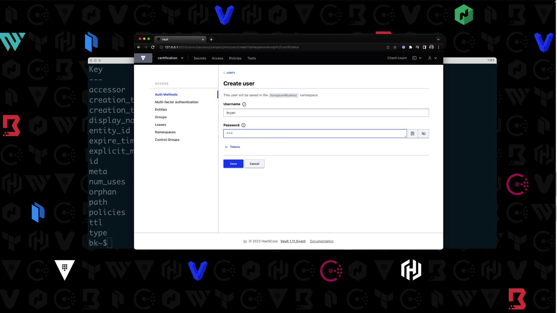The image shows a web interface for creating a user in a system, with fields for entering a username and password. The background features a terminal window with text and a pattern of logos.