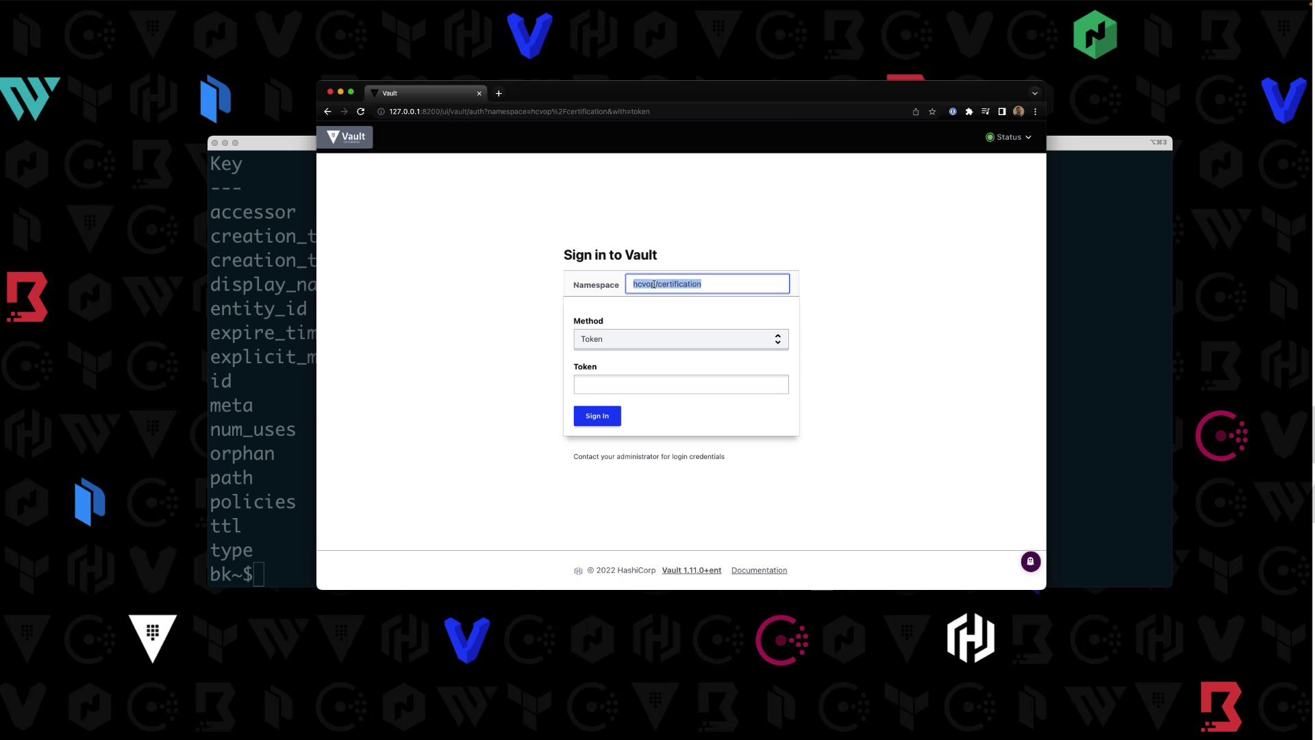 The image shows a login page for "Vault" with fields for namespace, method, and token, alongside a terminal window displaying a list of keys.