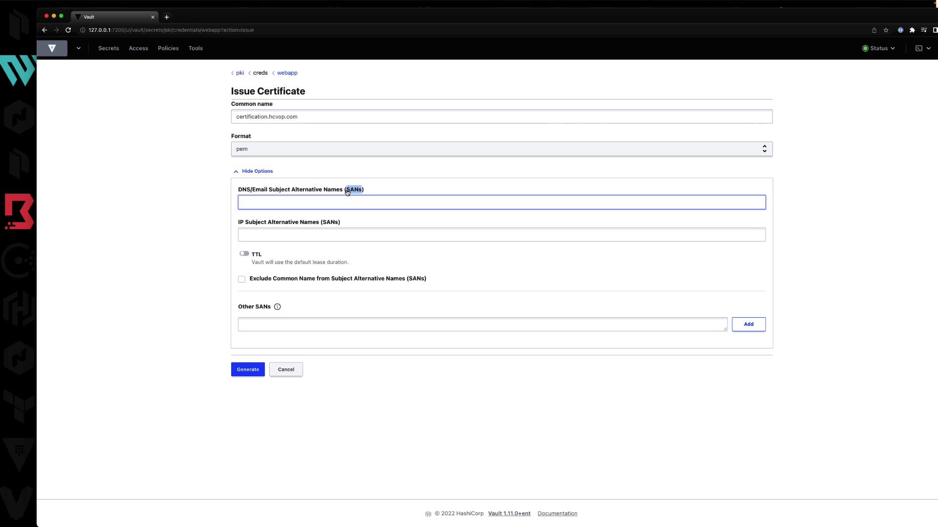 The image shows a web interface for issuing a certificate, with fields for common name, format, and subject alternative names (SANs). There are options to generate or cancel the certificate request.