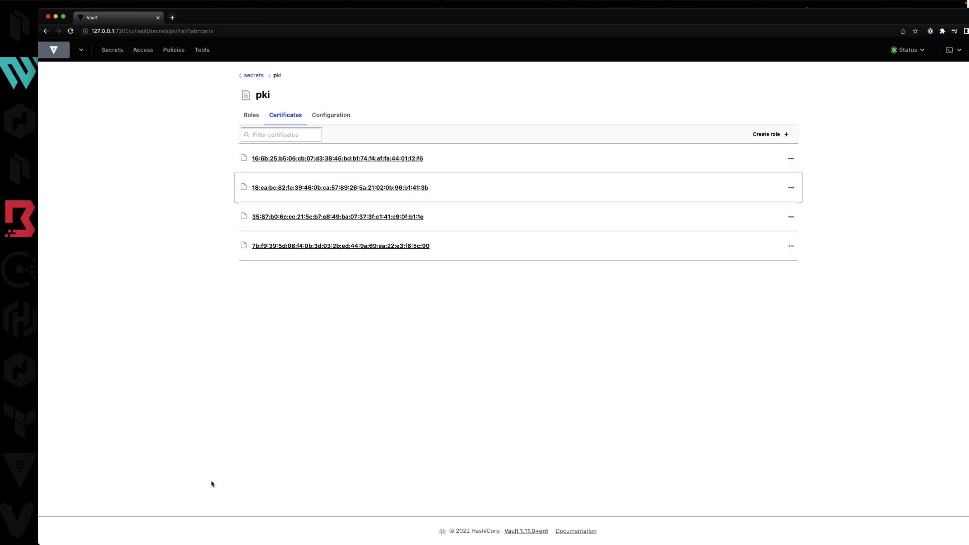 The image shows a web interface for HashiCorp Vault, displaying a list of certificates under the "pki" section. The interface includes options for roles, certificates, and configuration.