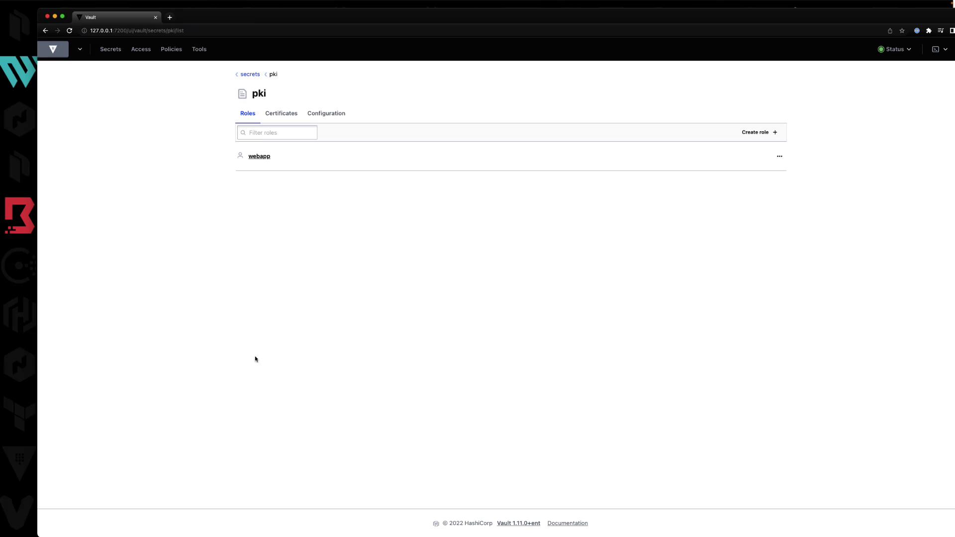The image shows a web interface for HashiCorp Vault, specifically the PKI secrets engine, displaying a list of roles with one entry labeled "webapp."