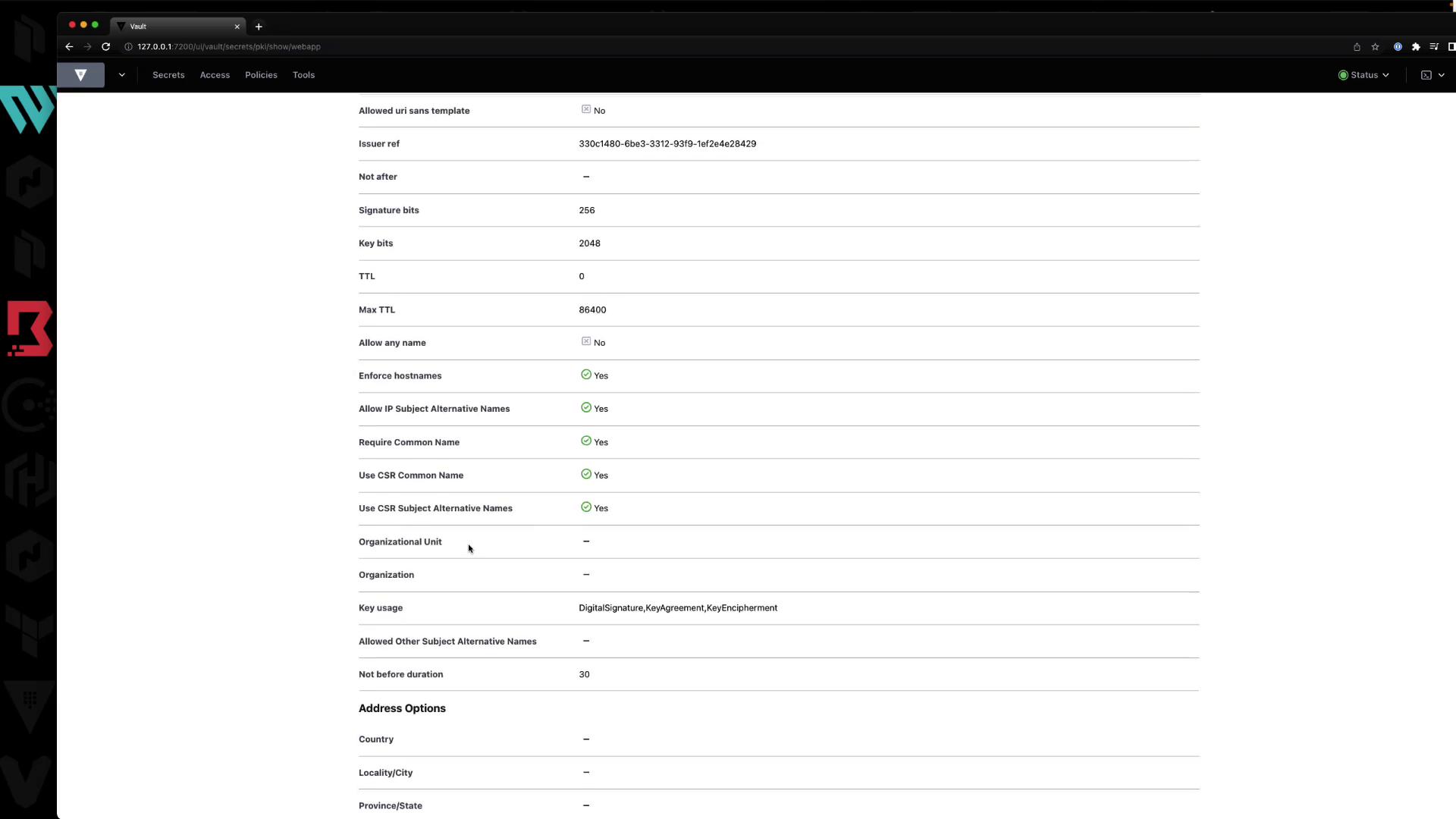 The image shows a web interface displaying configuration details for a certificate or security settings, including fields like "Issuer ref," "Signature bits," and "TTL." The interface is part of a tool or application related to security management.
