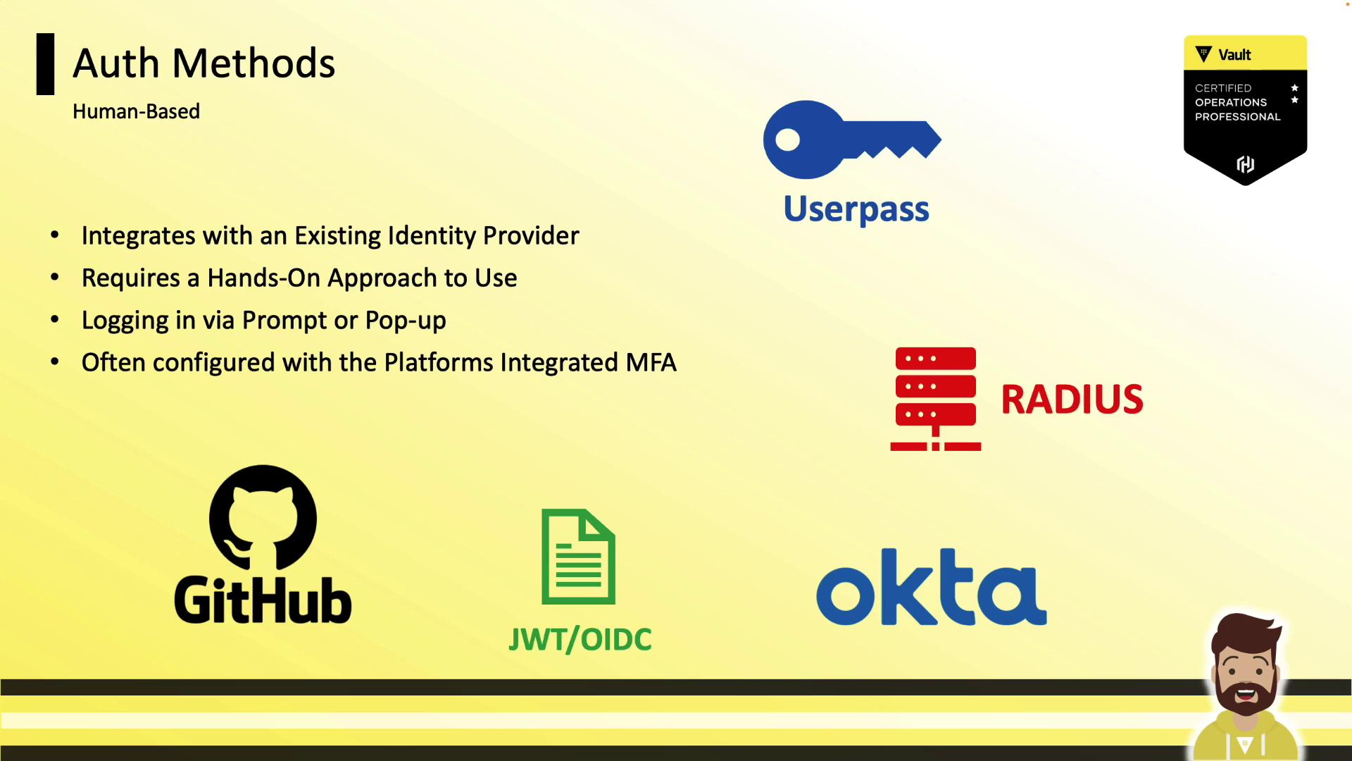 The image describes human-based authentication methods, highlighting integration with identity providers and platforms like GitHub, Okta, and RADIUS, and mentions userpass and JWT/OIDC.