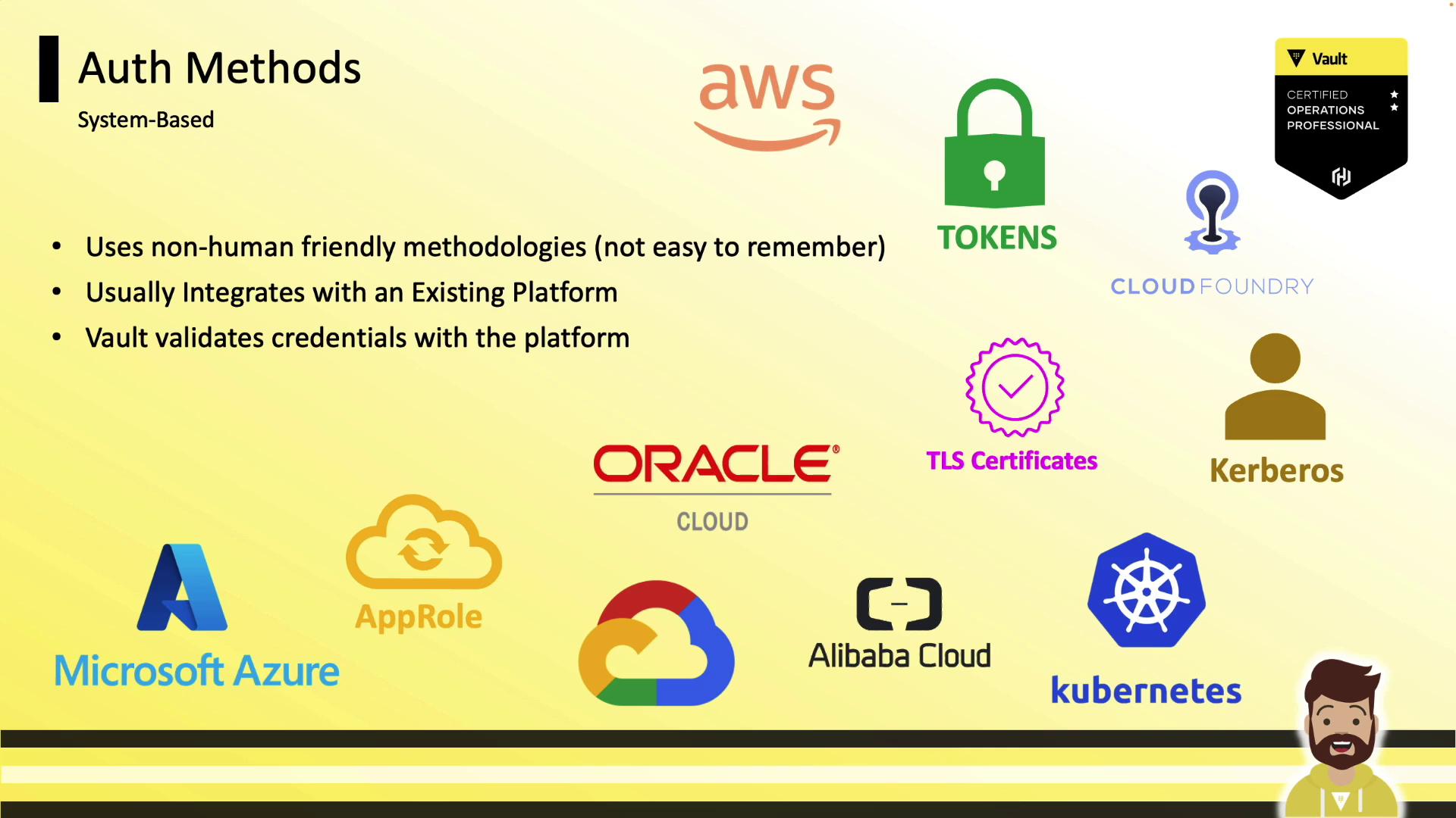 The image is a presentation slide about system-based authentication methods, featuring various cloud platforms and technologies like AWS, Azure, Kubernetes, and others. It highlights the integration of these methods with existing platforms and the validation of credentials by Vault.