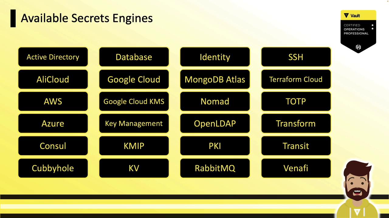 The image lists various "Available Secrets Engines" related to Vault, including services like AWS, Google Cloud, and MongoDB Atlas. It also features a Vault certification badge and a cartoon character.