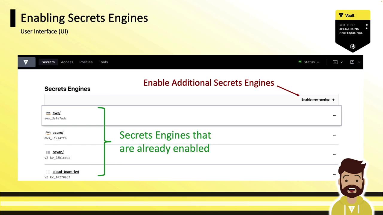 The image is a screenshot of a user interface for enabling secrets engines, showing a list of already enabled engines and an option to add more. It includes annotations and a cartoon character in the bottom right corner.