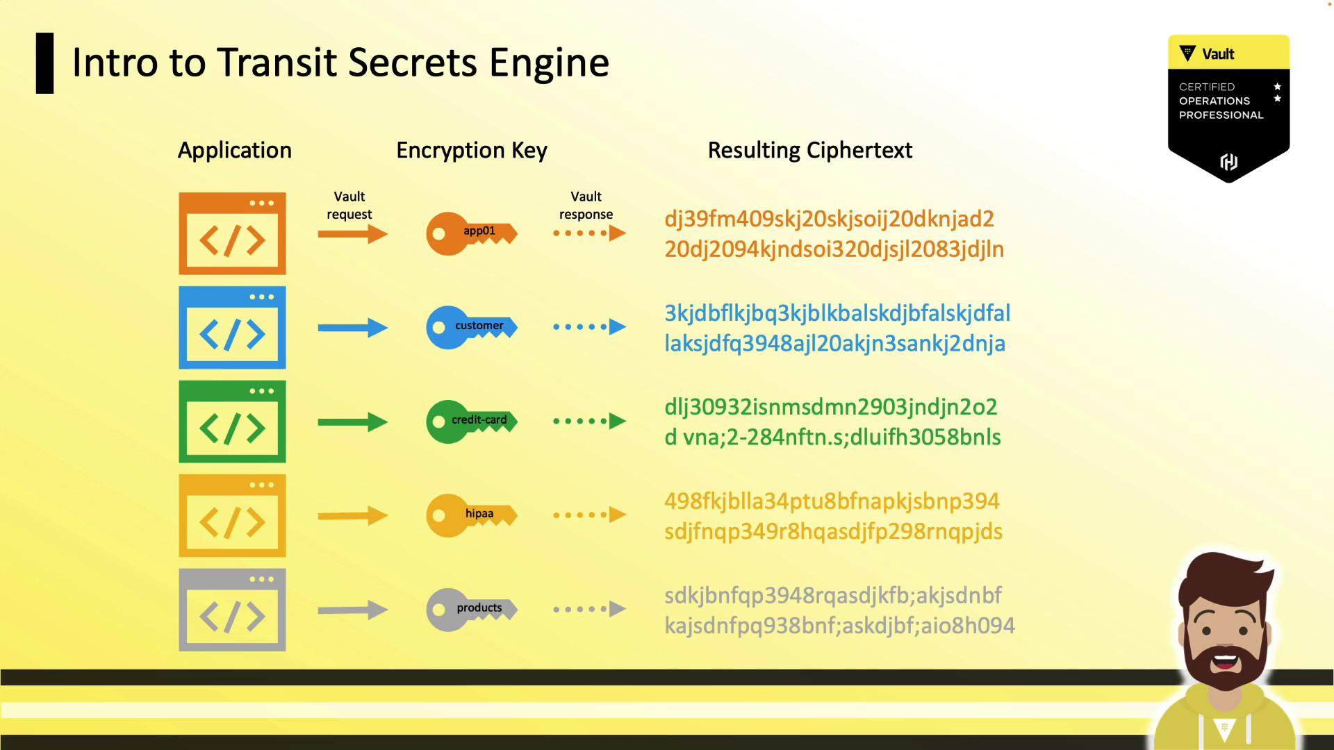 The image is an illustration explaining the "Transit Secrets Engine," showing how different applications use encryption keys to produce resulting ciphertexts. It includes a Vault certification badge and a cartoon character at the bottom right.