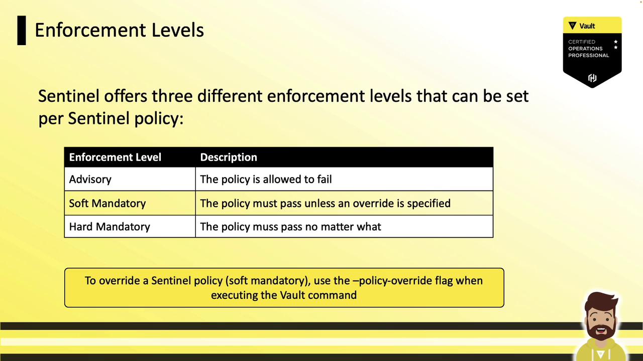 The image describes three enforcement levels for Sentinel policies: Advisory, Soft Mandatory, and Hard Mandatory, with a note on how to override a Soft Mandatory policy.