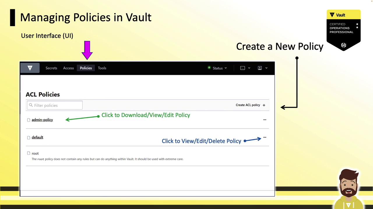 The image is a screenshot of a user interface for managing policies in Vault, showing options to create, view, edit, or delete ACL policies. It includes annotations and a small illustration of a person in the bottom right corner.