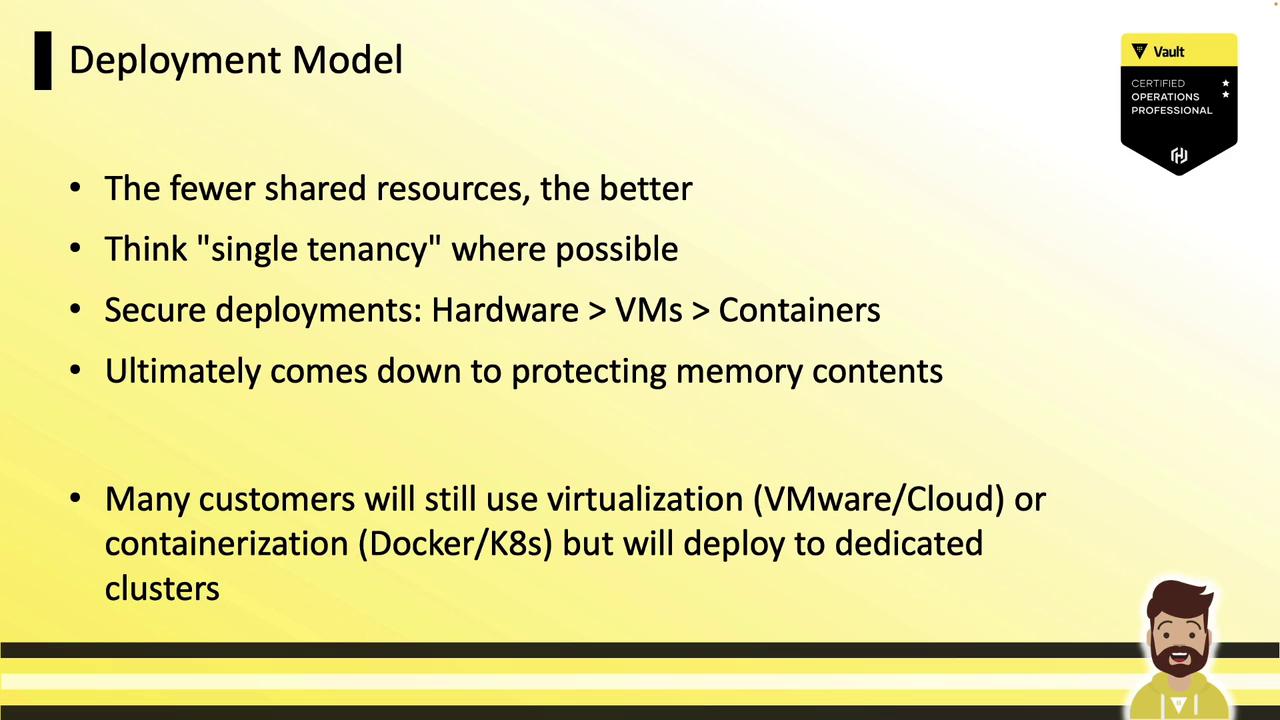 The image is a slide titled "Deployment Model" outlining strategies for secure deployments, emphasizing fewer shared resources, single tenancy, and protecting memory contents. It also mentions virtualization and containerization technologies like VMware, Docker, and Kubernetes.