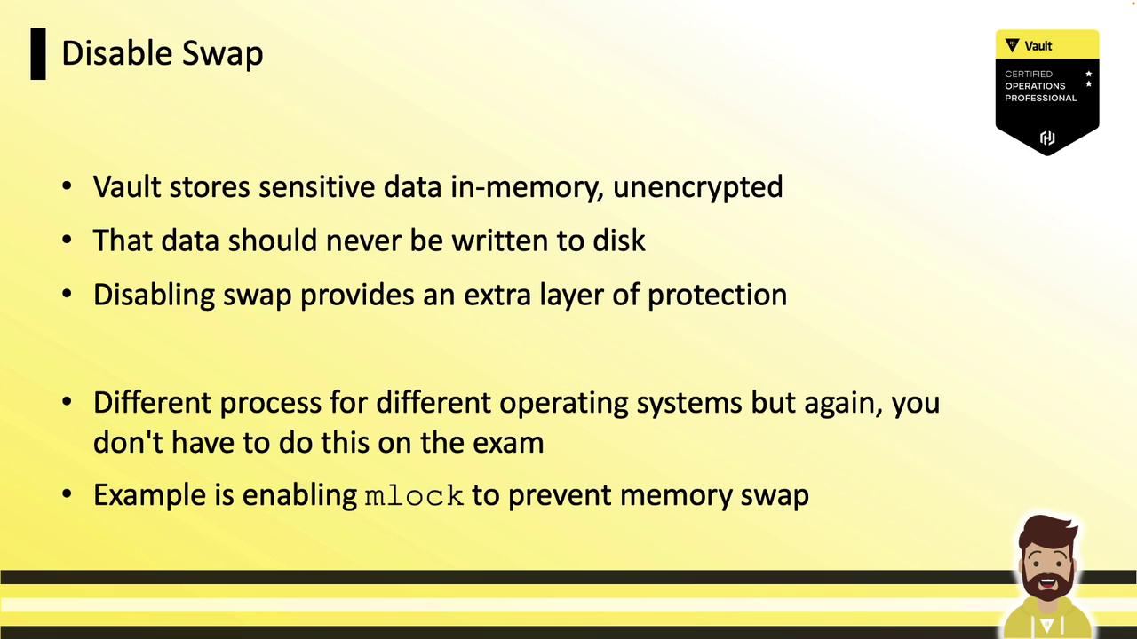 The image is a slide about disabling swap to protect sensitive data stored in-memory by Vault, suggesting that data should not be written to disk and mentioning the use of `mlock` to prevent memory swap.