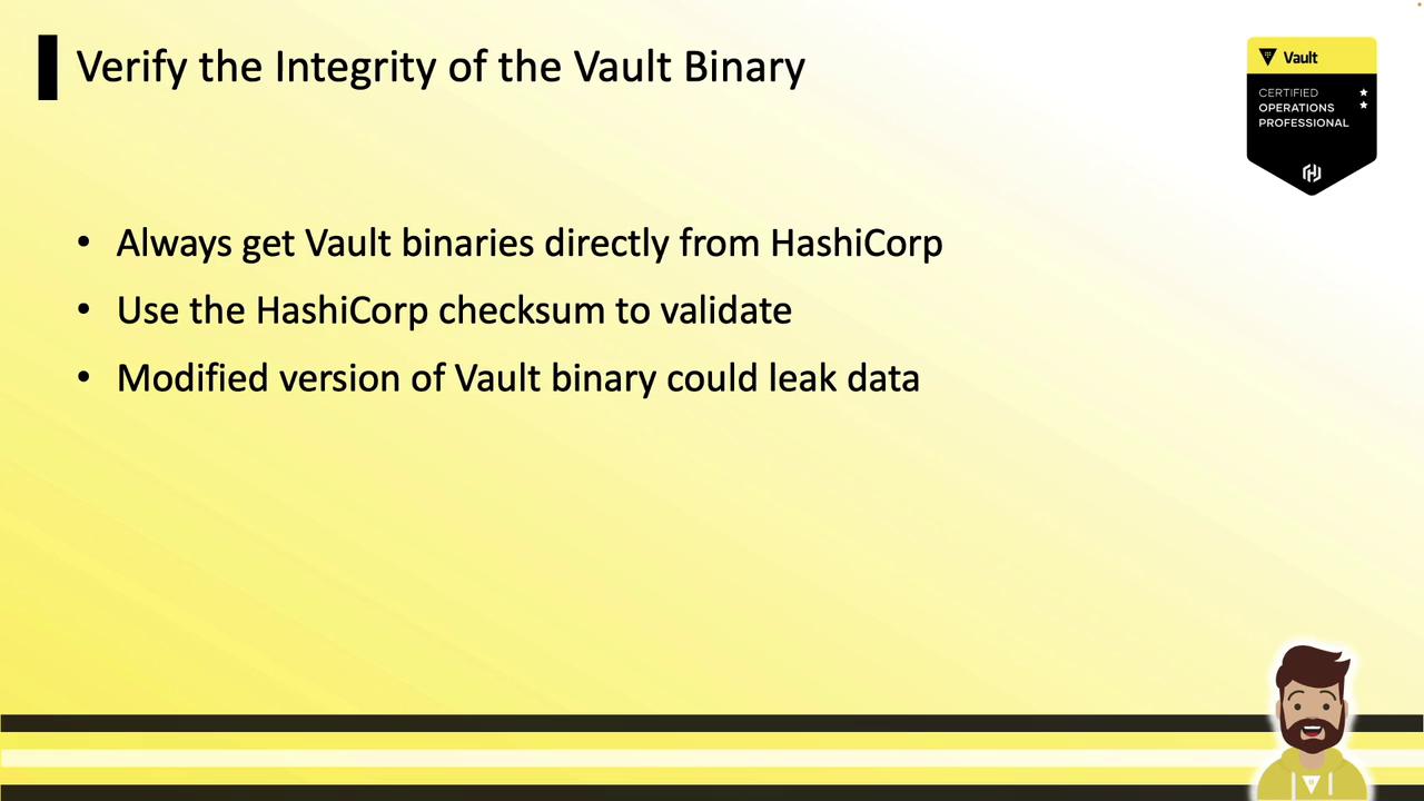 The image is a slide about verifying the integrity of the Vault binary, advising to get binaries directly from HashiCorp, use the HashiCorp checksum for validation, and warning that modified binaries could leak data. It includes a certification badge and a cartoon character.