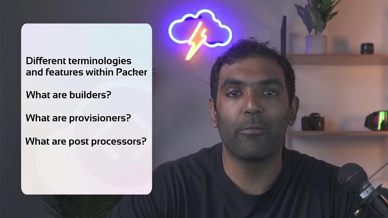 The image shows a person sitting in front of a microphone with a neon cloud and lightning decoration in the background. A text box on the left lists topics related to Packer, including builders, provisioners, and post processors.