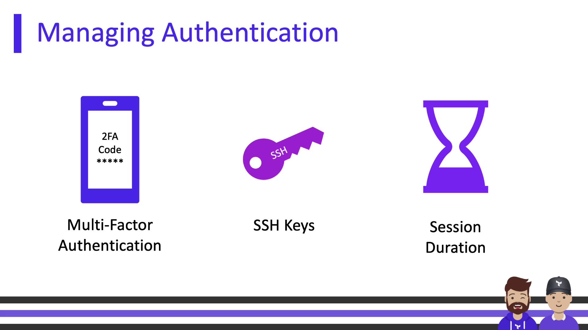 The image is about "Managing Authentication" and features icons representing Multi-Factor Authentication, SSH Keys, and Session Duration.