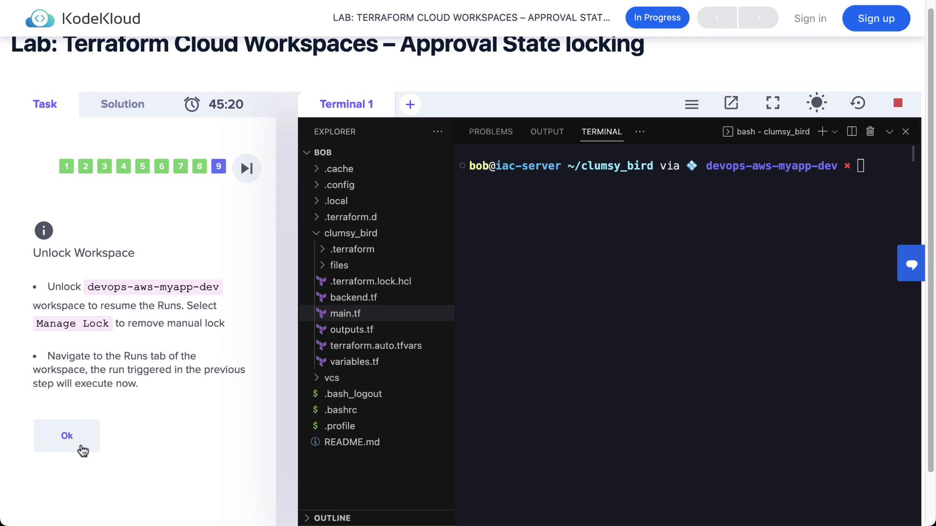 The image shows a KodeKloud lab interface for Terraform Cloud Workspaces, with instructions to unlock a workspace and a terminal window displaying a file explorer with Terraform files.