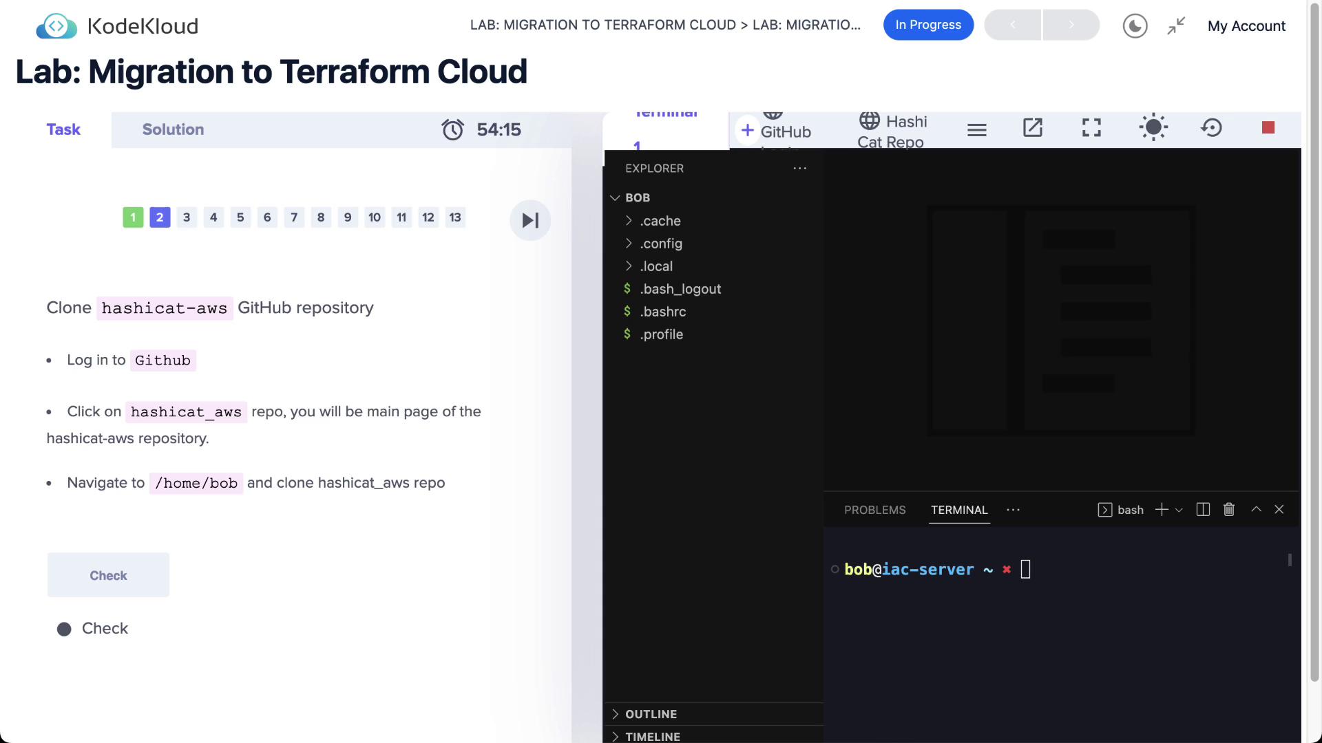 The image shows a KodeKloud lab interface for migrating to Terraform Cloud, with instructions to clone a GitHub repository and a terminal window open on the right.