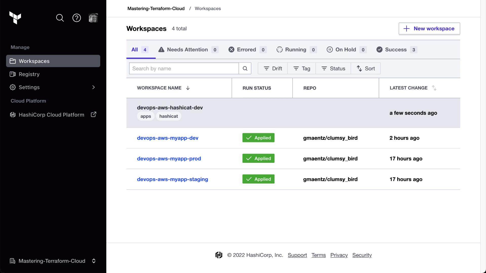 The image shows a Terraform Cloud interface displaying a list of workspaces with their run statuses, repository links, and latest change timestamps. The sidebar includes options for managing workspaces, registry, and settings.