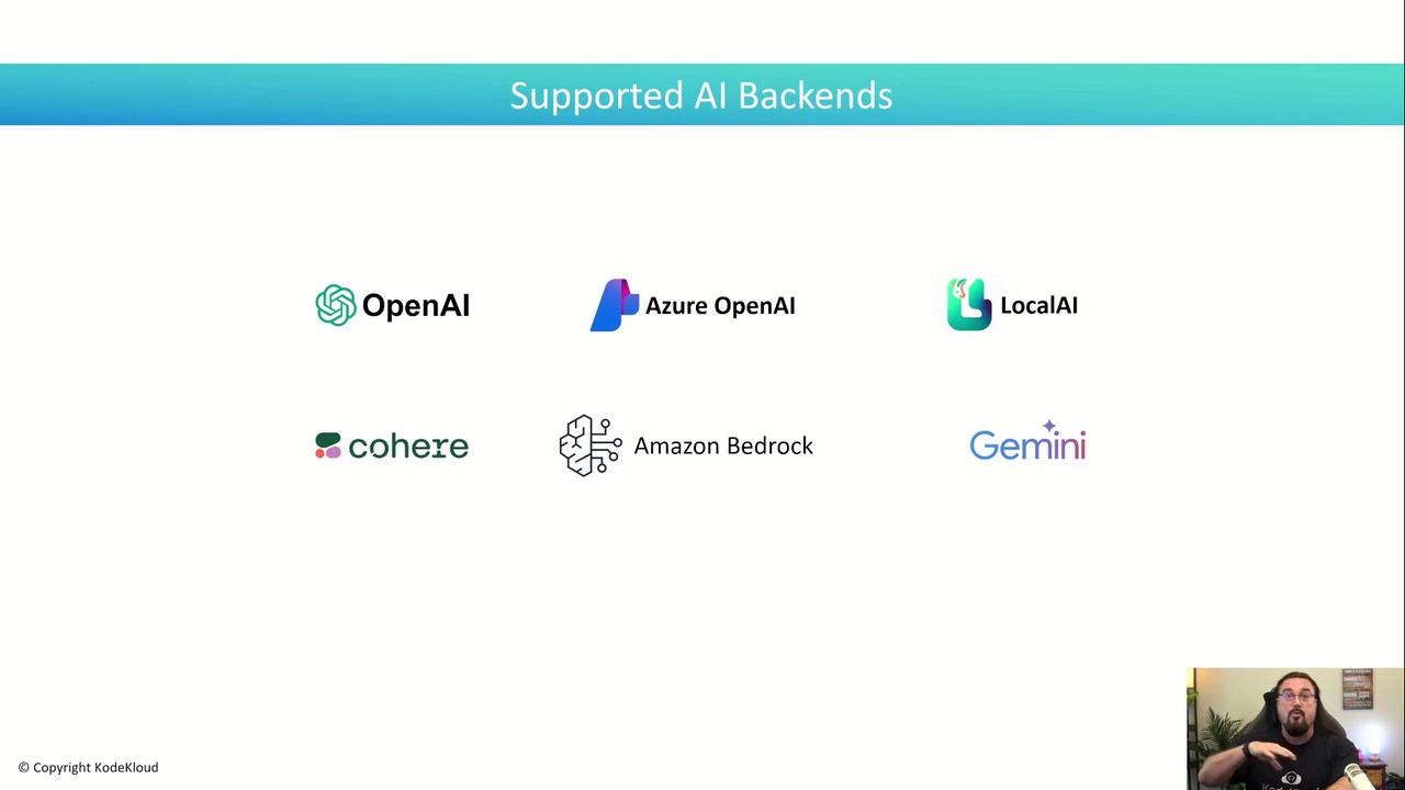 The image lists supported AI backends, including OpenAI, Azure OpenAI, LocalAI, Cohere, Amazon Bedrock, and Gemini, with a person speaking in the bottom right corner.