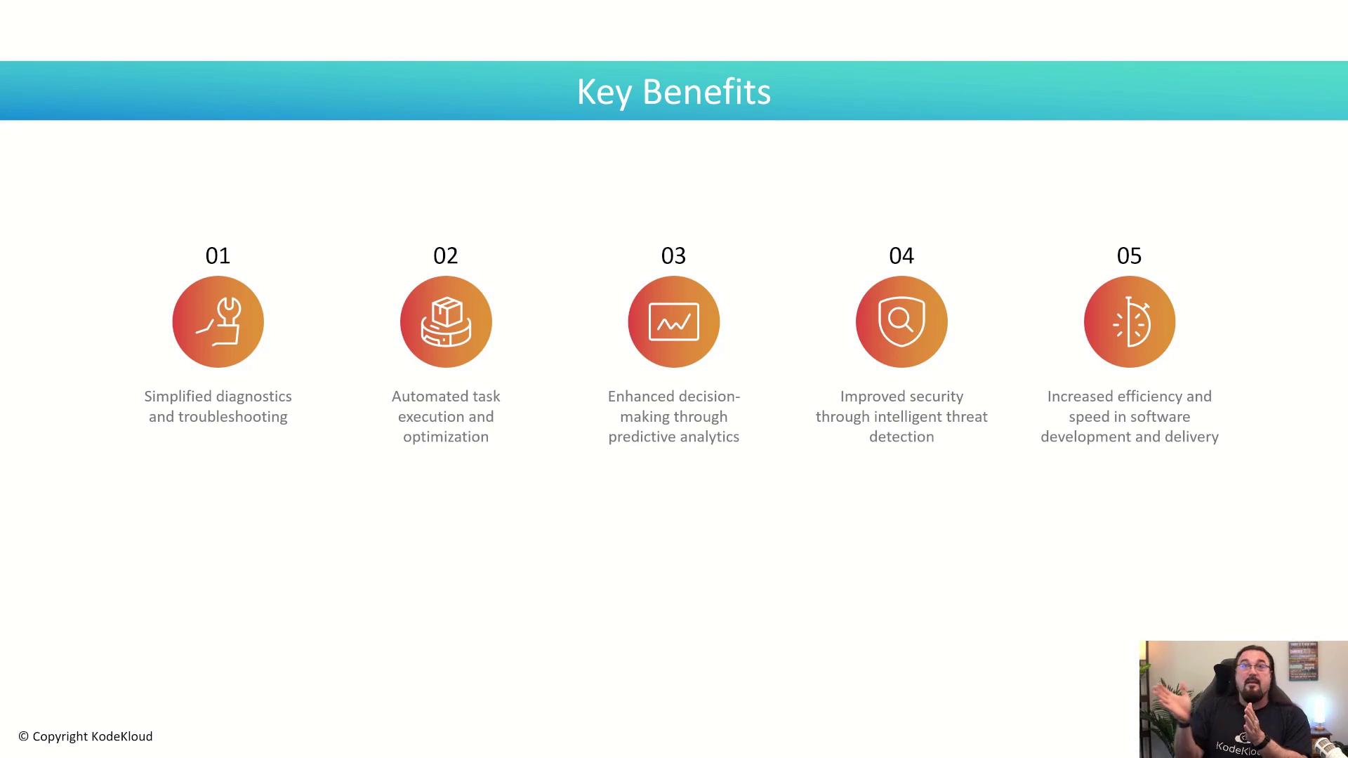 The image lists five key benefits: simplified diagnostics, automated task execution, enhanced decision-making, improved security, and increased efficiency in software development. There's also a person in the bottom right corner speaking or presenting.
