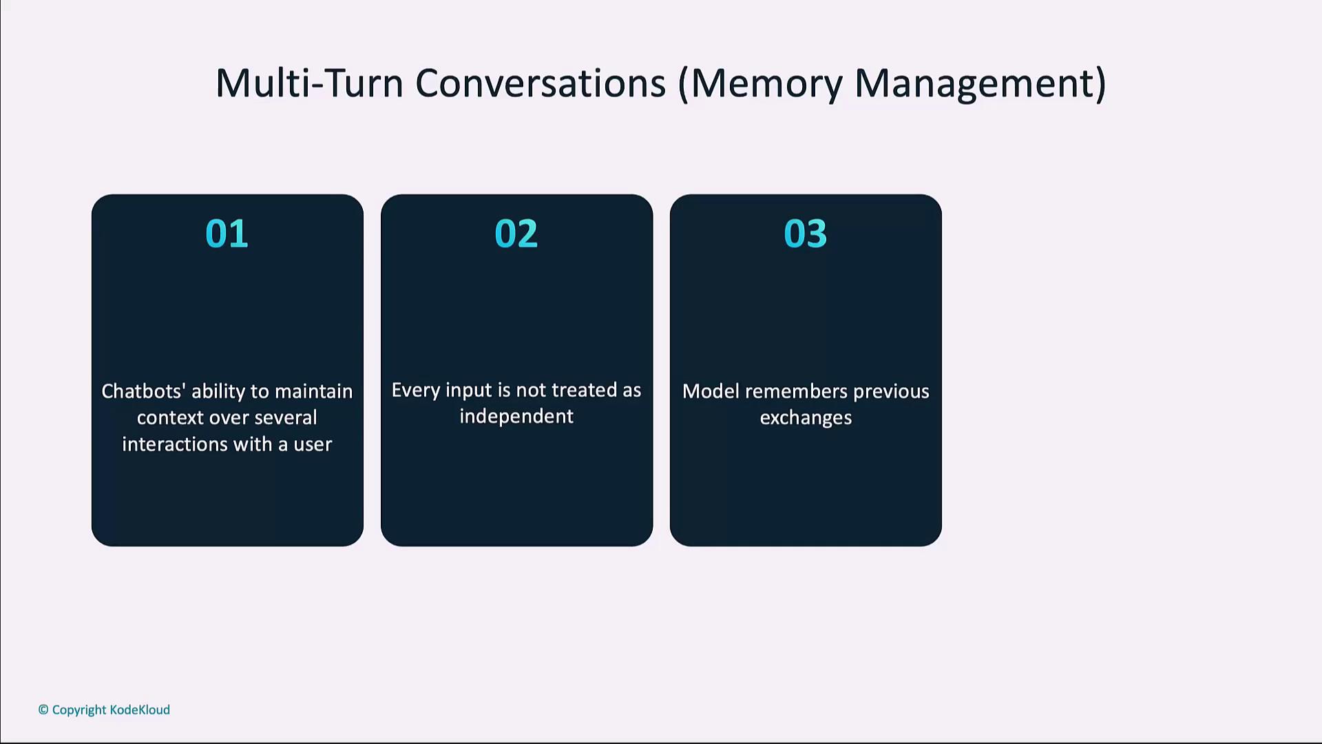 The image explains multi-turn conversations in chatbots, highlighting their ability to maintain context, treat inputs as connected, and remember previous exchanges.