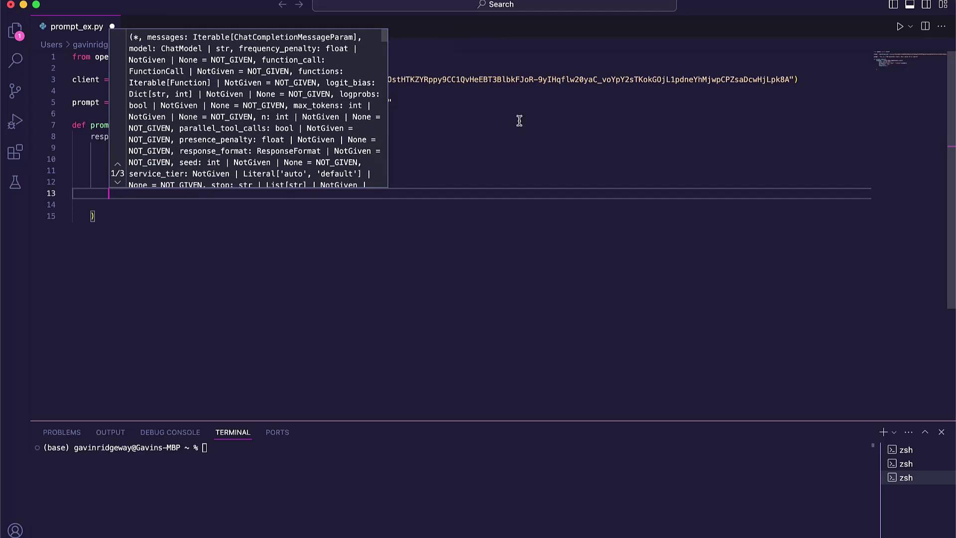 The image shows a code editor with a Python script open, displaying a function definition and a pop-up with parameter suggestions. The terminal at the bottom indicates a command-line interface.