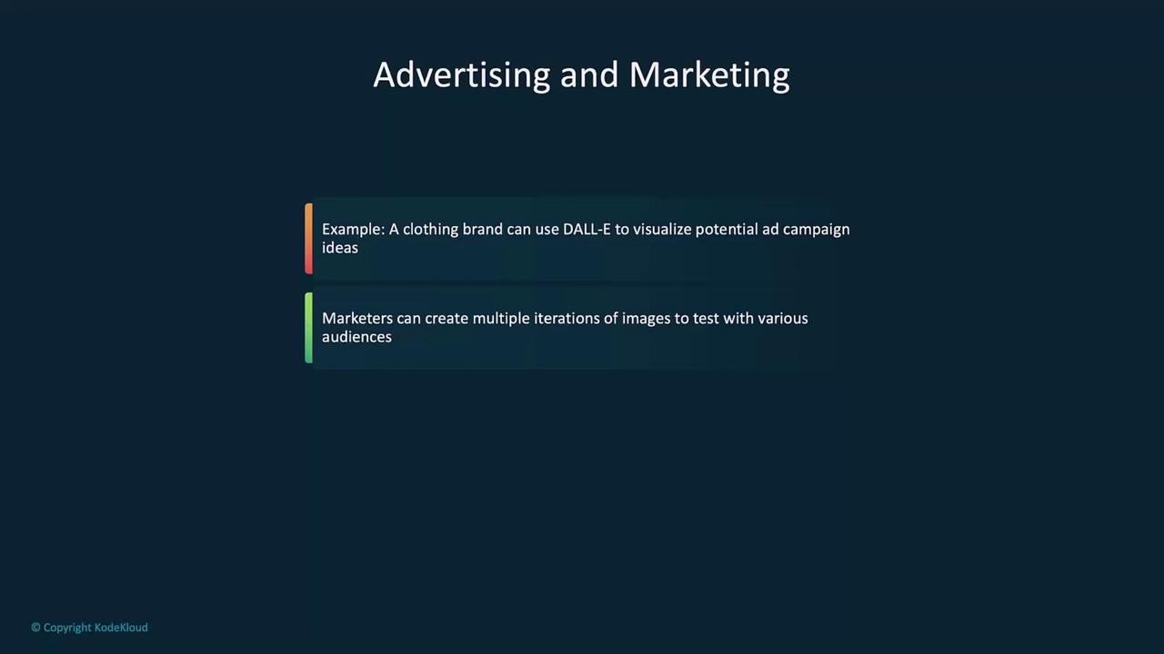 The image is a slide titled "Advertising and Marketing," highlighting how a clothing brand can use DALL-E for ad campaign ideas and how marketers can create image iterations for different audiences.
