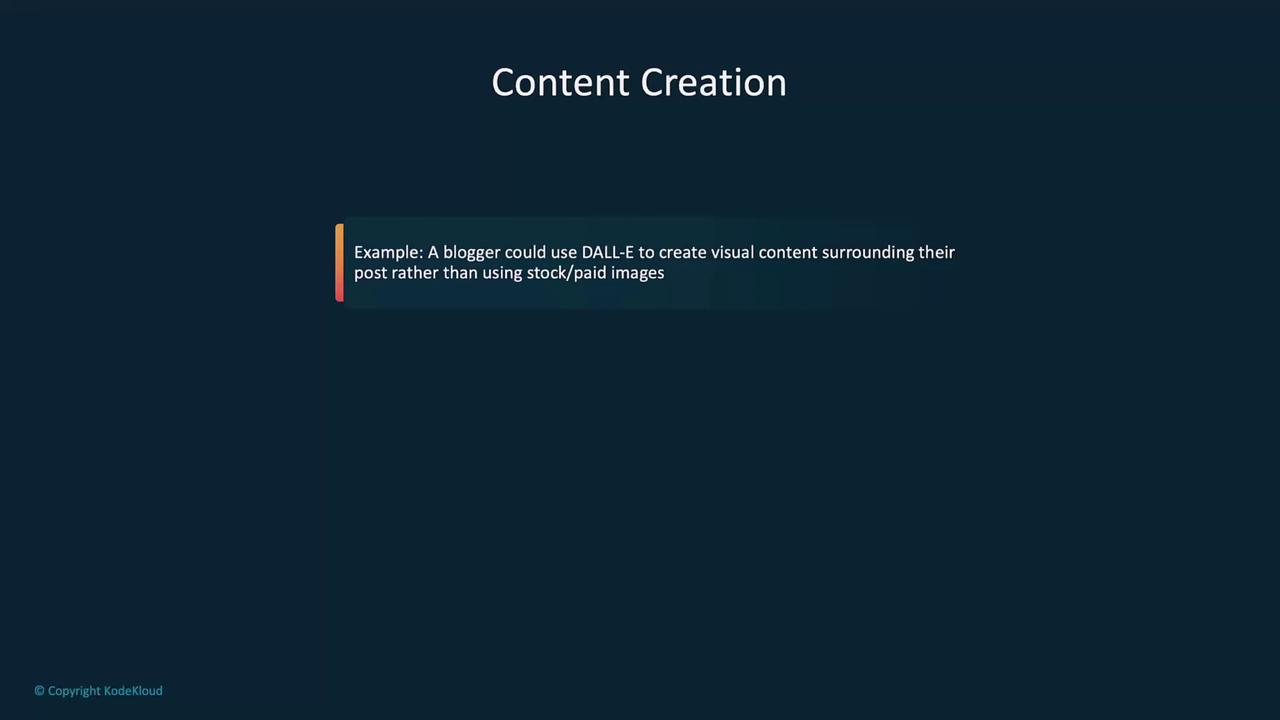 The image is a slide titled "Content Creation," suggesting that bloggers could use DALL-E to create visual content instead of using stock or paid images.