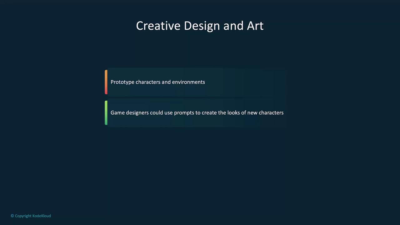 The image is a slide titled "Creative Design and Art," highlighting the use of prototypes for characters and environments, and the use of prompts by game designers to create new character looks.