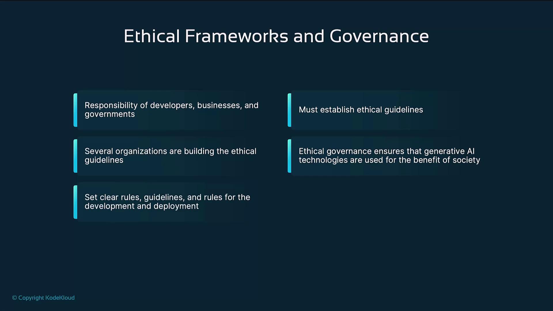 The image outlines key points about ethical frameworks and governance, emphasizing the responsibilities of developers, businesses, and governments to establish ethical guidelines and ensure AI technologies benefit society.
