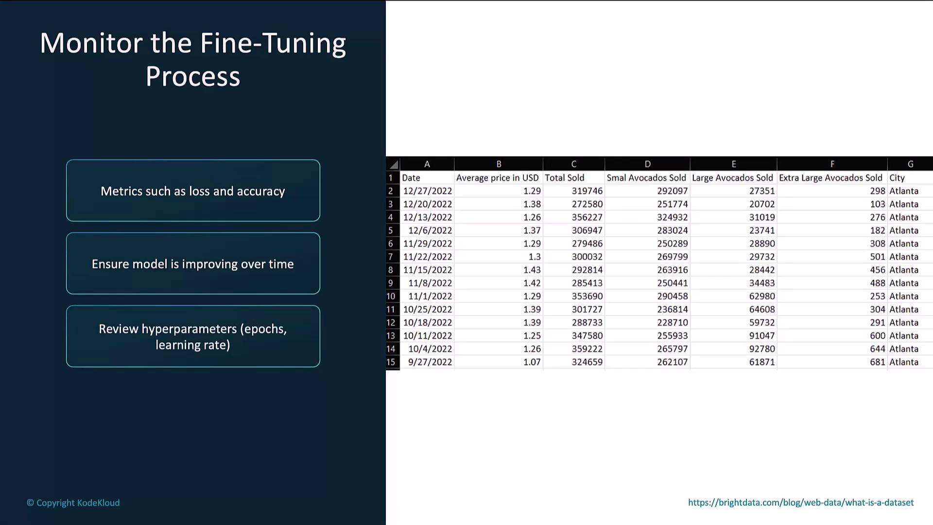The image shows a slide about monitoring the fine-tuning process, with points on metrics, model improvement, and hyperparameters, alongside a table of avocado sales data by date and city.