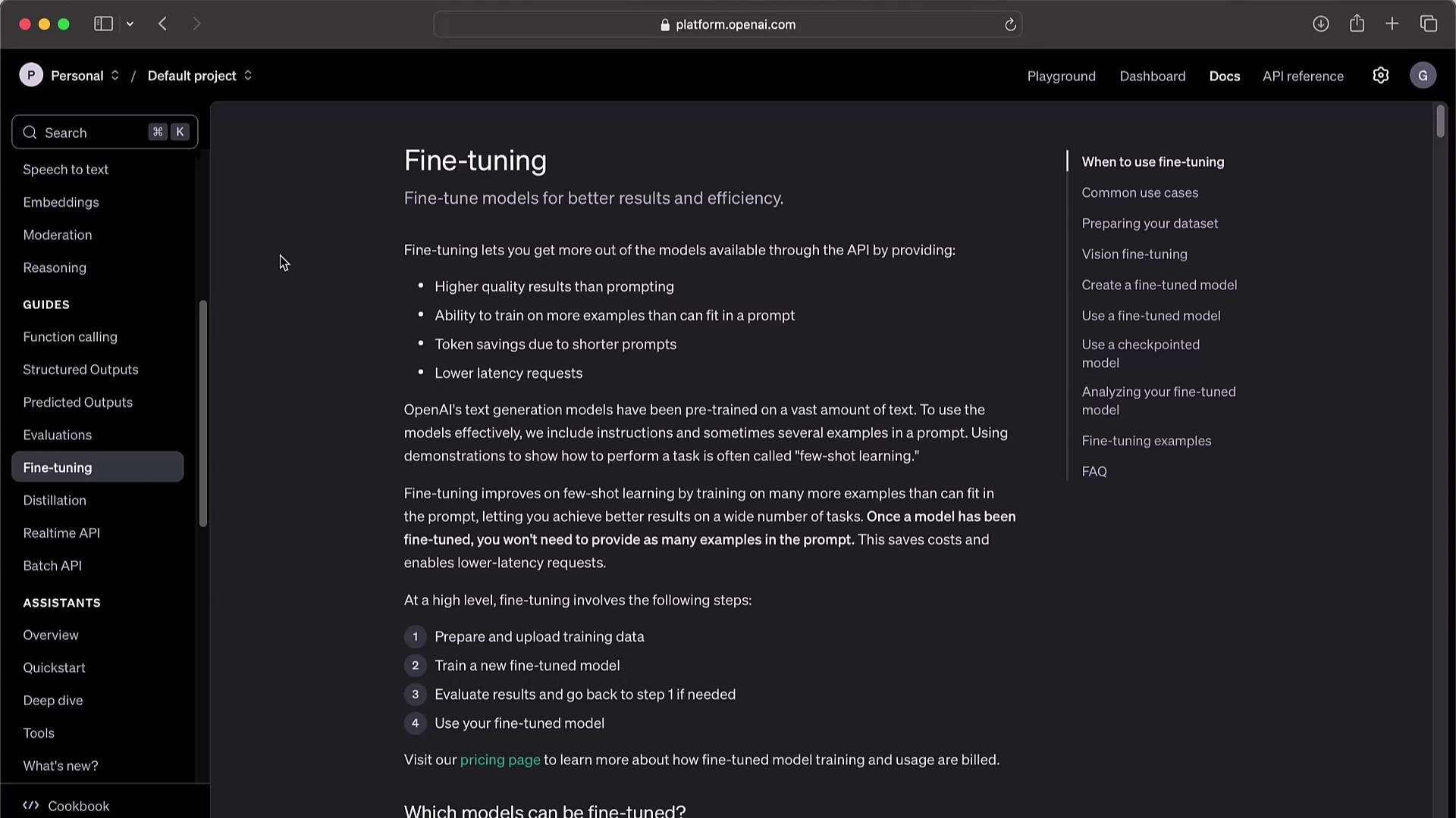 The image shows a webpage from OpenAI's platform documentation, specifically focusing on fine-tuning models. It outlines the benefits and steps of fine-tuning, with a sidebar menu listing related topics.