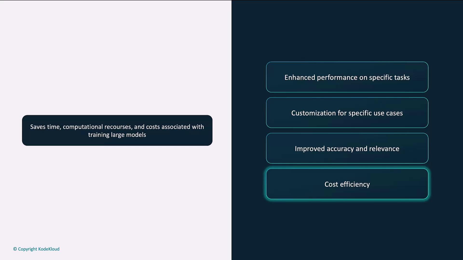The image lists benefits of a process, including saving time, computational resources, and costs, with additional points on enhanced performance, customization, improved accuracy, and cost efficiency.