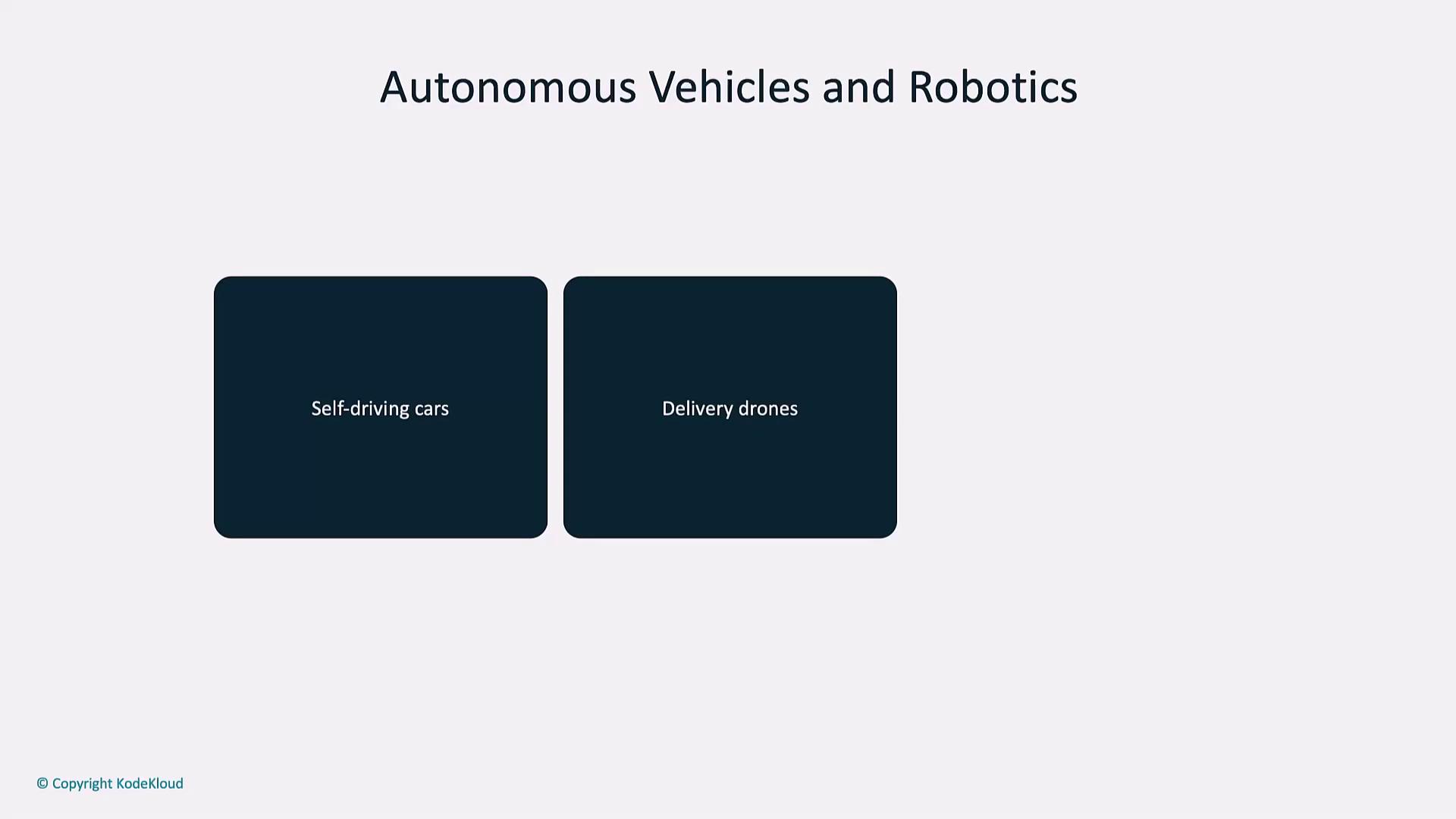 The image is a slide titled "Autonomous Vehicles and Robotics," featuring two labeled sections: "Self-driving cars" and "Delivery drones."
