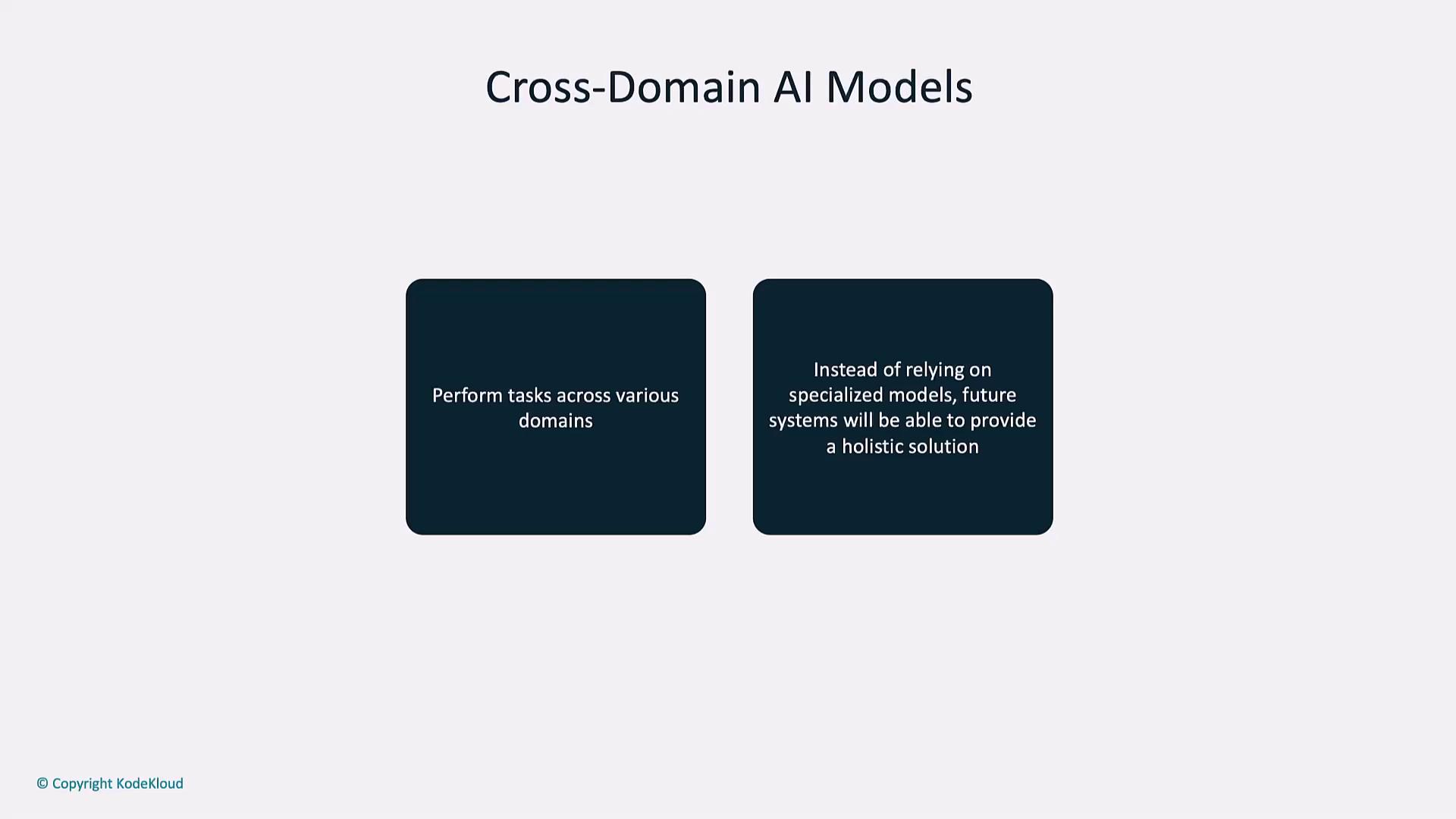 The image is a slide titled "Cross-Domain AI Models," highlighting the ability to perform tasks across various domains and provide holistic solutions instead of relying on specialized models.