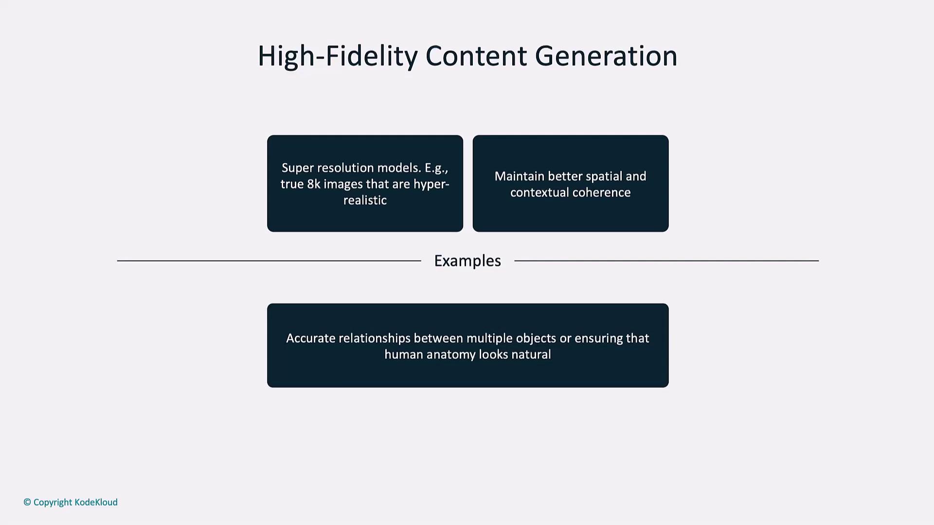 The image is a diagram titled "High-Fidelity Content Generation," highlighting super resolution models for hyper-realistic 8k images, maintaining spatial and contextual coherence, and examples of accurate relationships between objects and natural human anatomy.