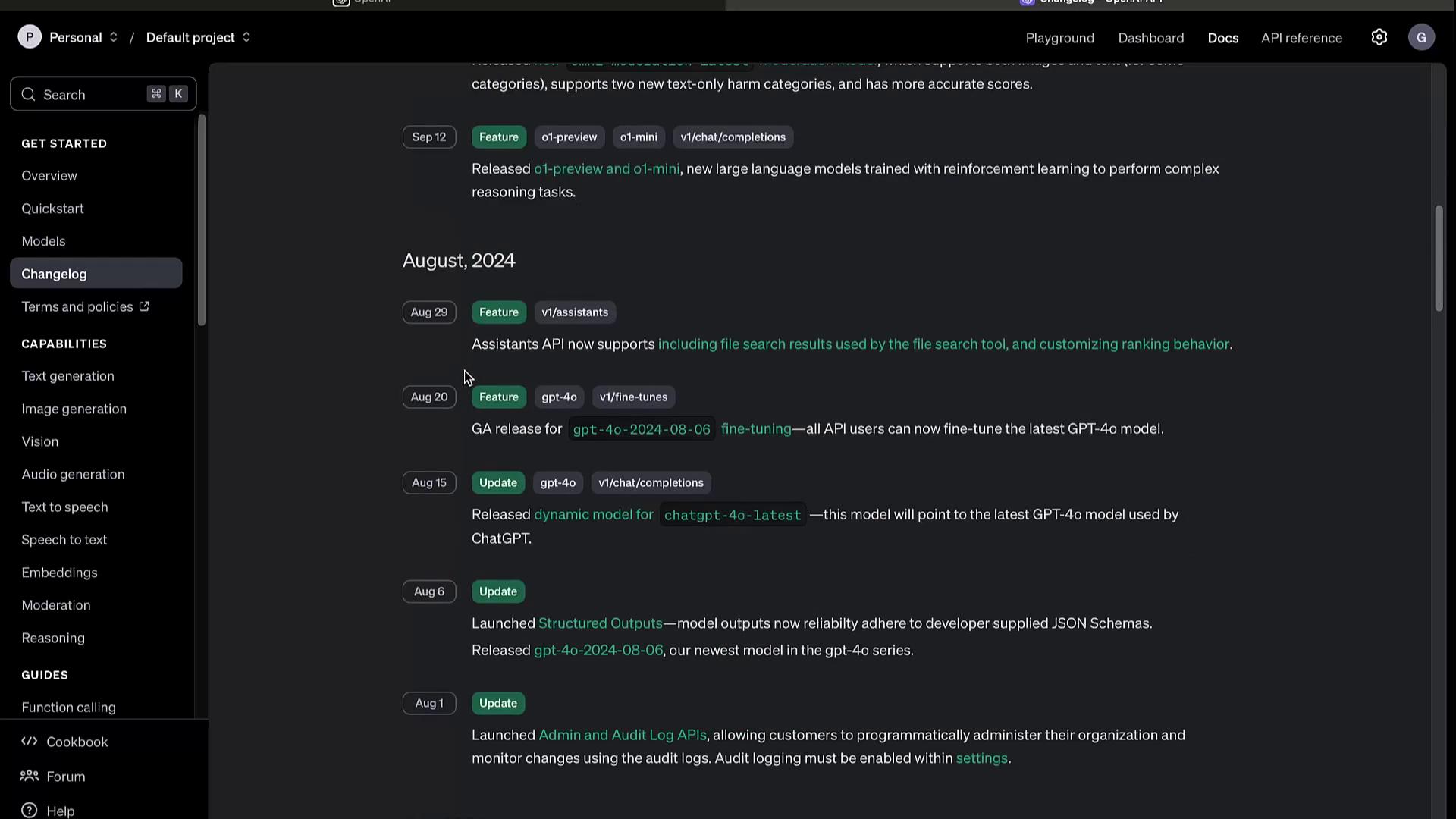 The image shows a changelog from a software documentation page, detailing updates and features released in August 2024, including API support and model updates.