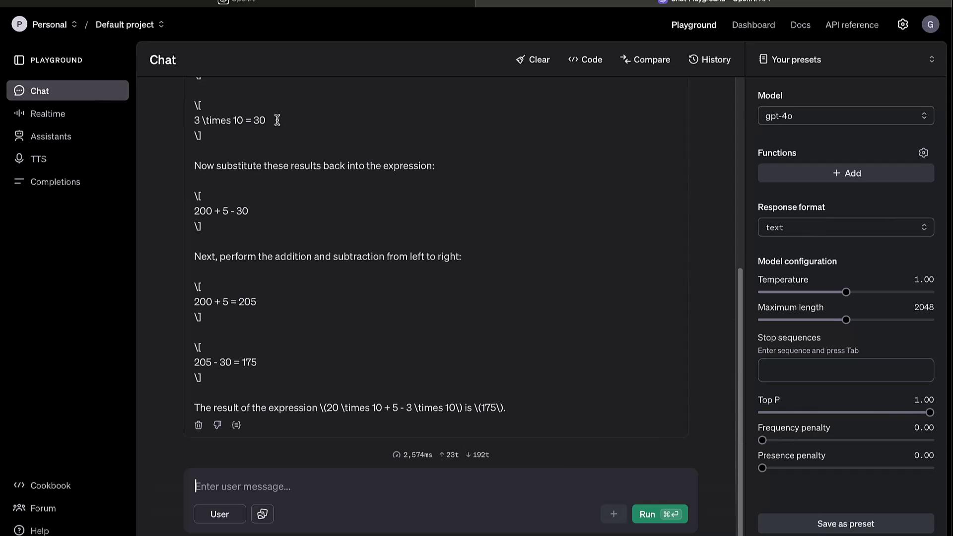 The image shows a chat interface in a coding environment where a mathematical expression is being solved step-by-step, resulting in the final answer of 175.