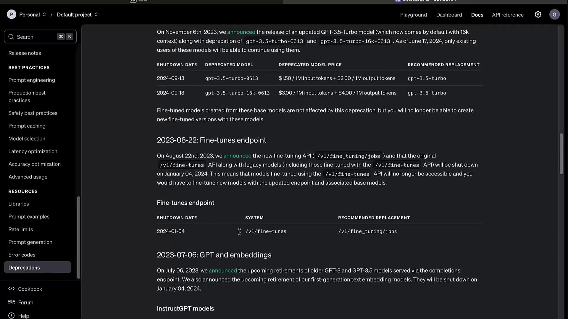 The image shows a webpage detailing deprecations and updates for various GPT models and APIs, including shutdown dates and recommended replacements. It includes a sidebar with navigation options related to best practices and resources.