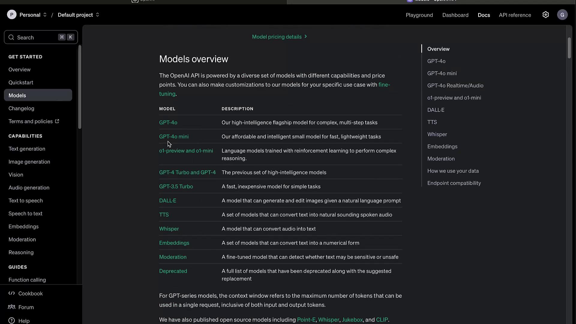The image shows a webpage from OpenAI's documentation, detailing an overview of various AI models, their descriptions, and capabilities. The left sidebar includes navigation options like "Overview," "Quickstart," and "Models."