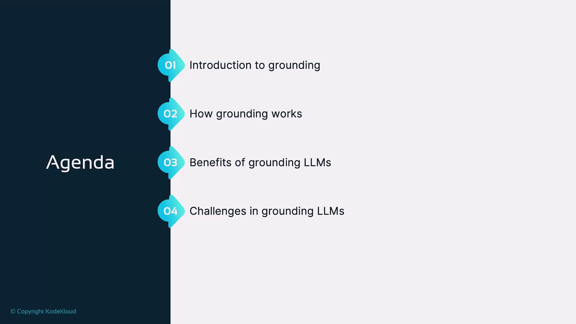 The image shows an agenda with four topics: "Introduction to grounding," "How grounding works," "Benefits of grounding LLMs," and "Challenges in grounding LLMs."